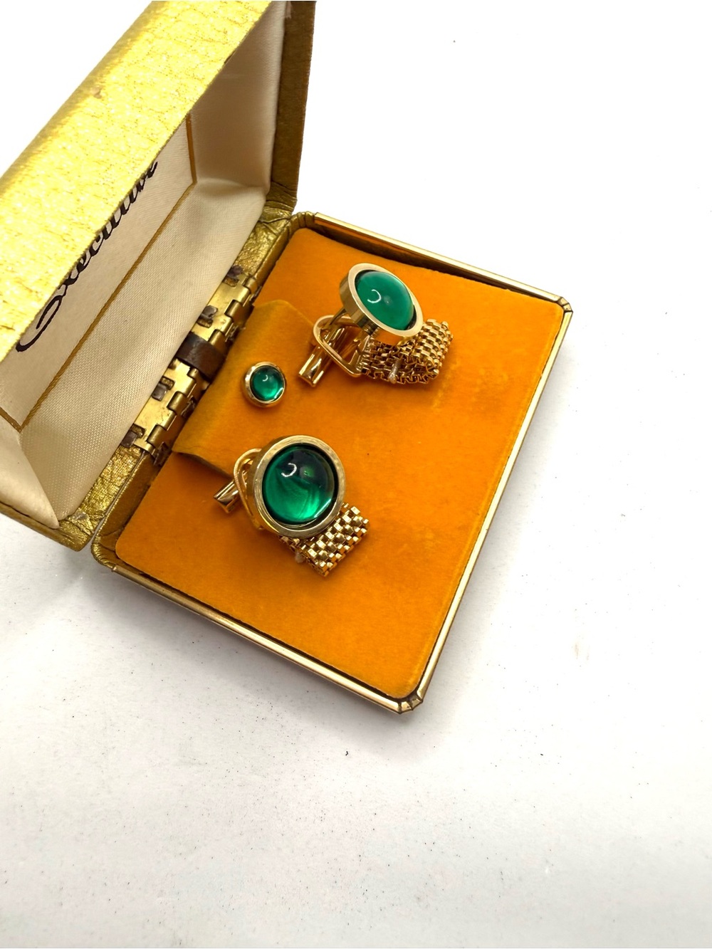 Green Retro Cufflinks and Tie Tack